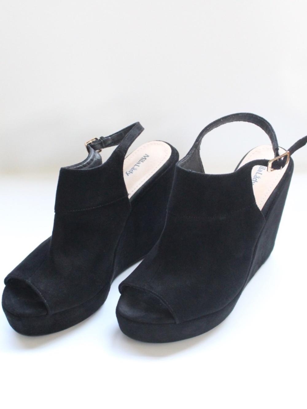 MilaLady - Gently Used Black Faux Suede Peep-Toe Platform Wedges